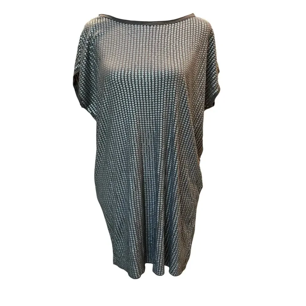 Vince Tunic Top Womens Medium Taupe Metallic Silver Sequins Short Sleeve Draped - Picture 4 of 11